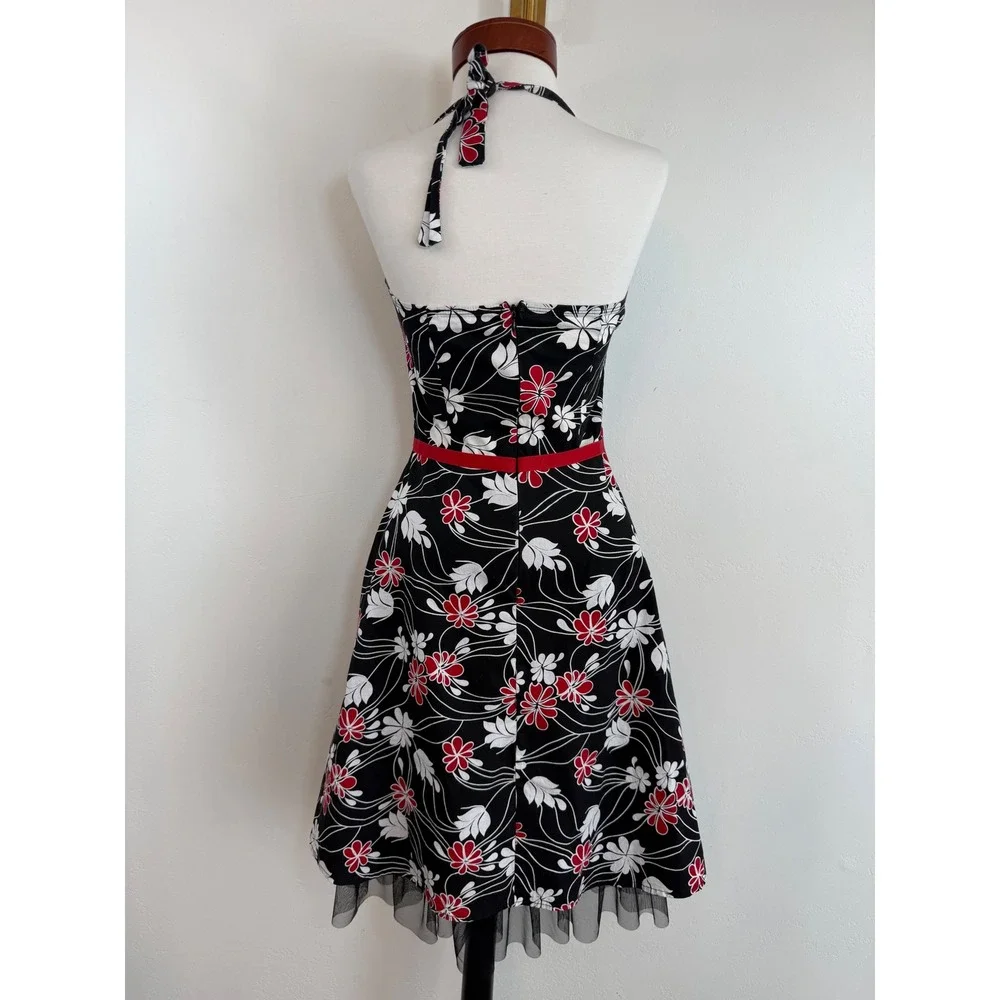Rampage‎ Floral Halter Dress Red White Y2K Rockabilly Pinup Retro Tulle Sz 3 XS